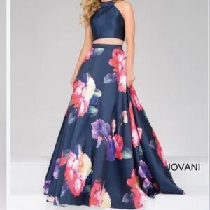 Jovani navy blue floral skirt set NWT